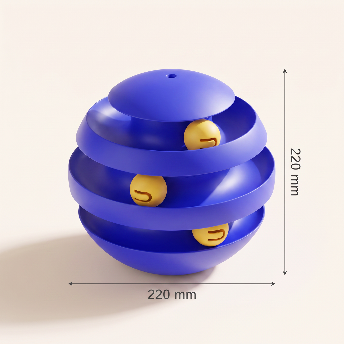 A blue spiral ball toy with three small yellow balls inside, shown on a light beige background with dimension lines indicating a height and width of 220 mm.