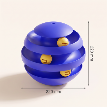 A blue spiral ball toy with three small yellow balls inside, shown on a light beige background with dimension lines indicating a height and width of 220 mm.