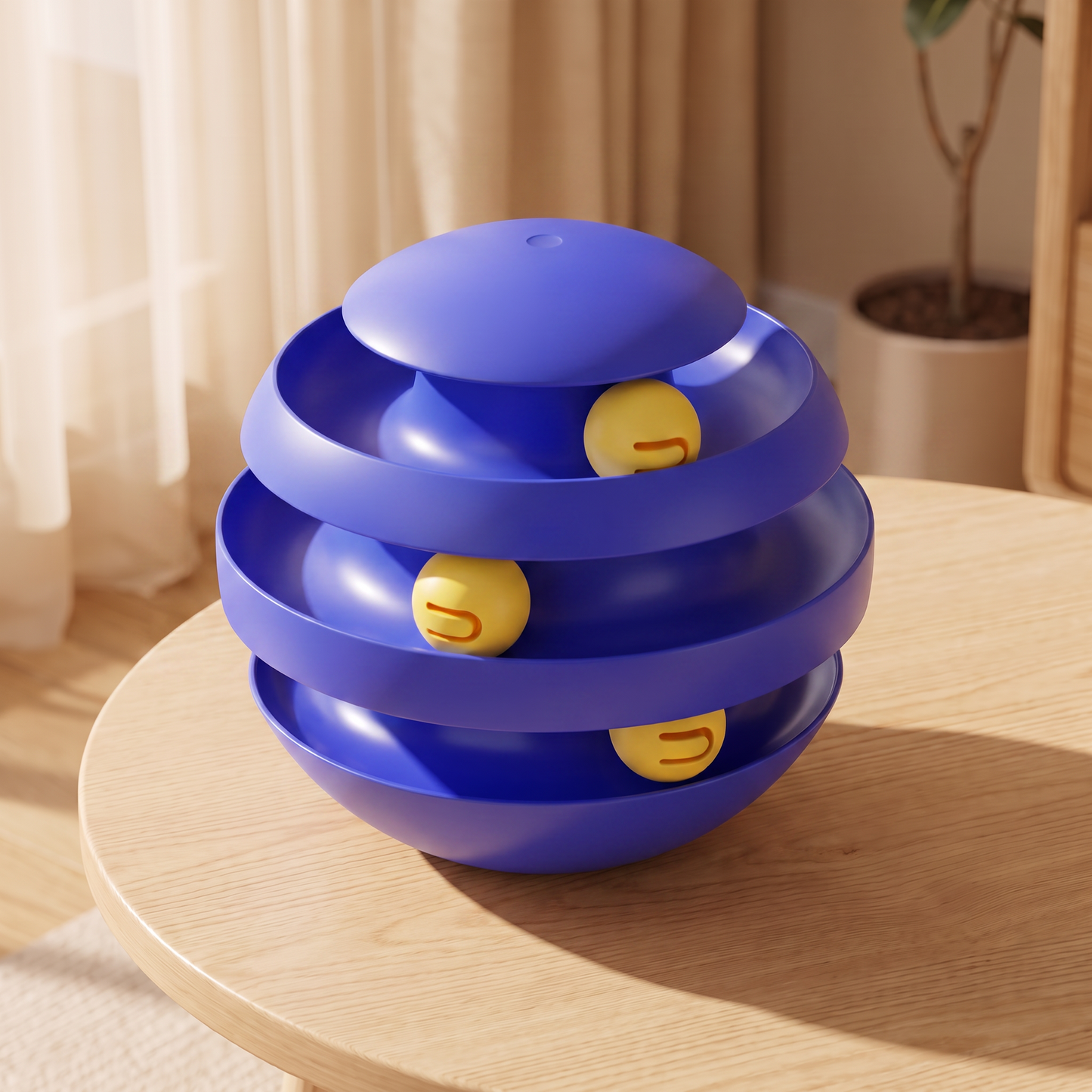 A blue spiral ball toy with three yellow balls inside, placed on a light wood table in a warm, sunlit room.