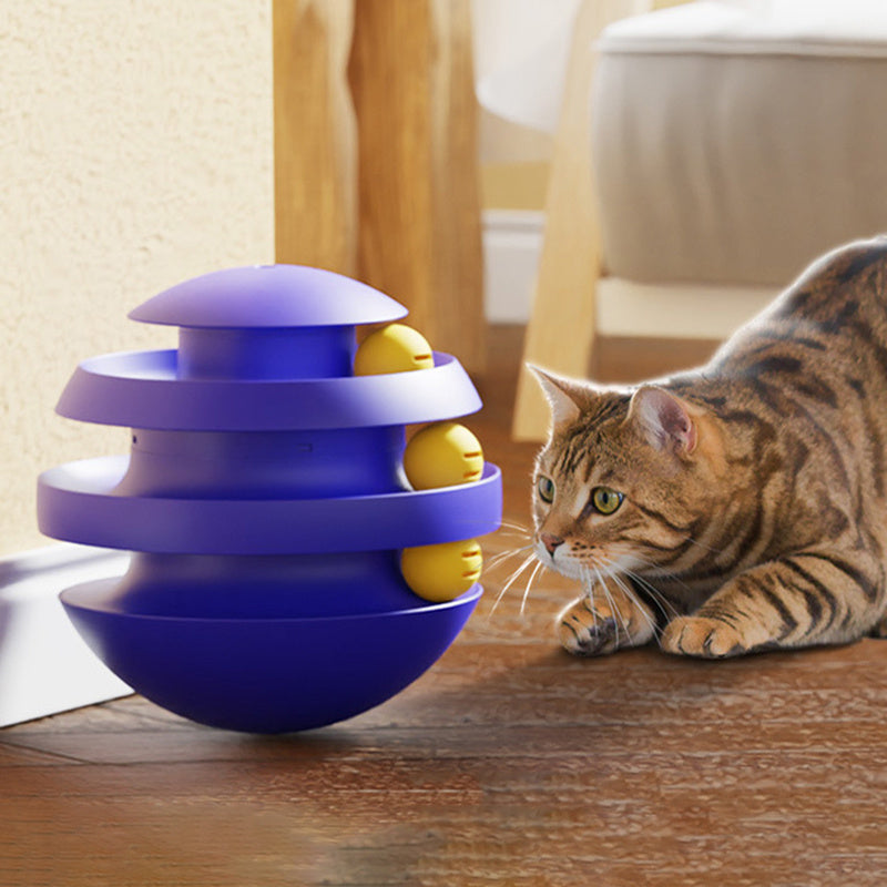 Cat interacting with the blue Wobble Orbit Ball Track Cat Toy