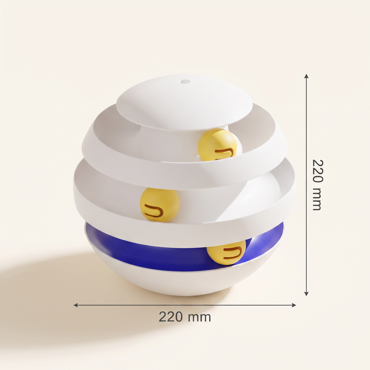 A white spiral ball toy with yellow smiley-face balls inside and a blue band near the base, shown on a light beige background with dimension arrows and labels indicating 220 mm width and height.
