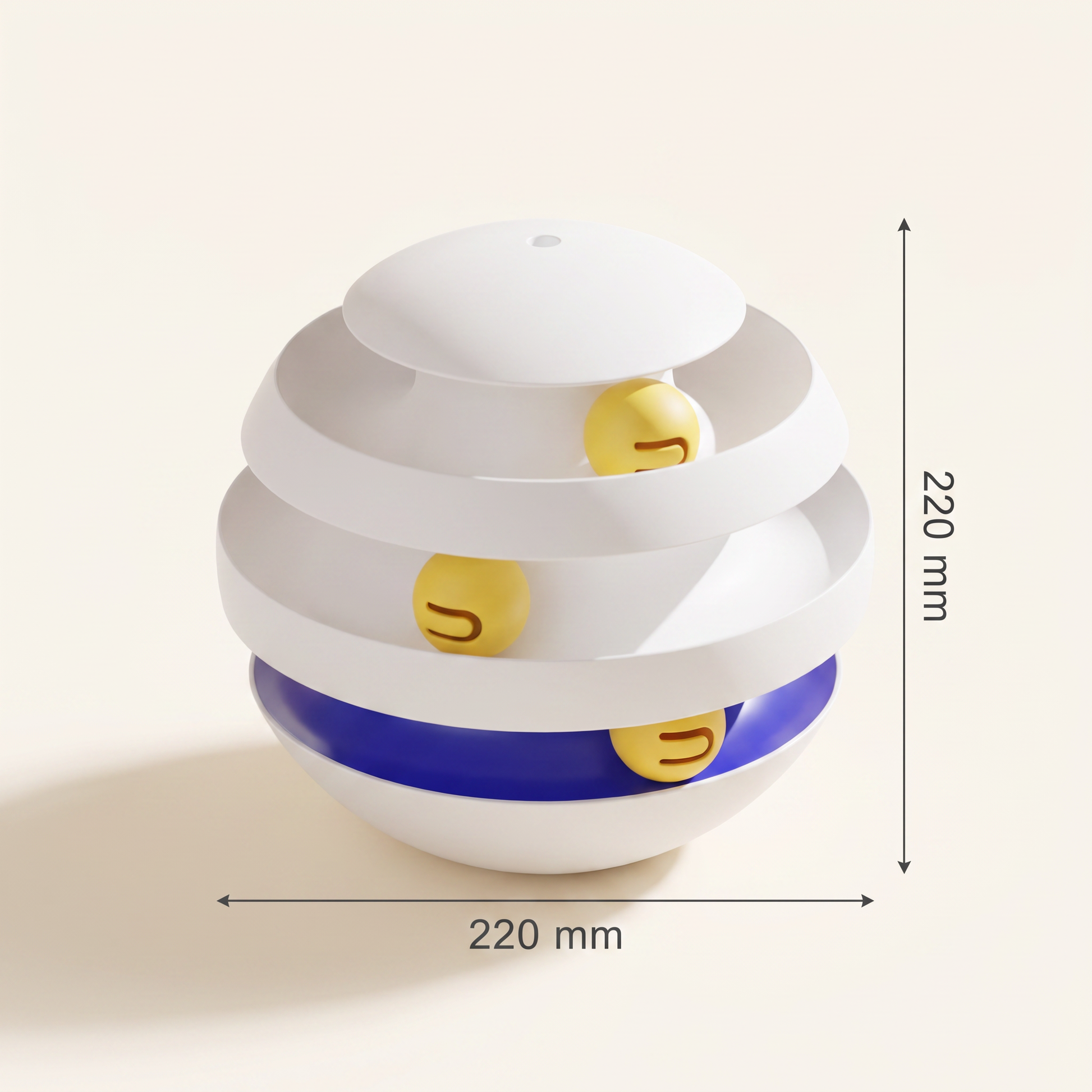 A white spiral ball toy with yellow smiley-face balls inside and a blue band near the base, shown on a light beige background with dimension arrows and labels indicating 220 mm width and height.