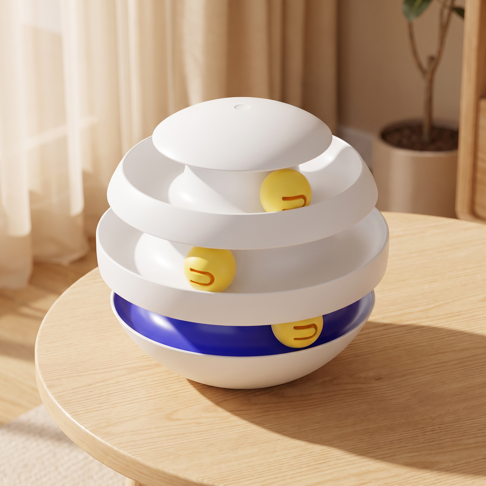 A white spiral ball toy for cats with yellow balls inside and a blue accent band near the base, shown on a light wood table in a softly lit room.