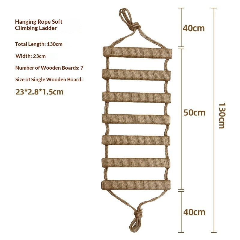 Hanging rope soft climbing ladder with dimensions and specifications on a white background