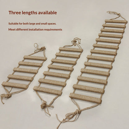 Three fabric ladders of different lengths on a beige background with text about availability and uses.