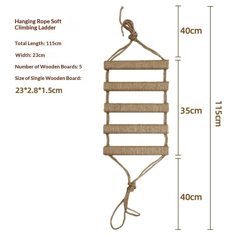 Hanging rope soft climbing ladder with dimensions and specifications on a white background