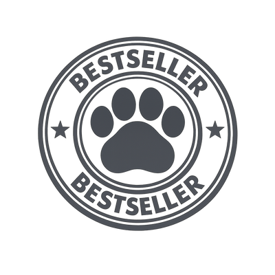 A circular gray 'BESTSELLER' badge with a large paw print in the center and two stars, shown on a plain white background.