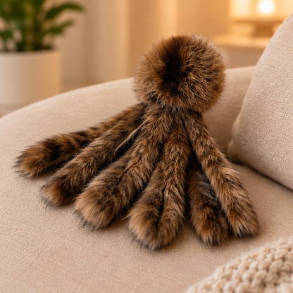 A brown and black faux fur octopus-shaped plush toy with a fluffy pom-pom on top, resting on a beige fabric surface in a warm indoor setting.