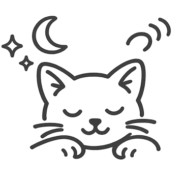 A minimalist black line art illustration of a sleeping cat with a crescent moon, stars, and sound waves above its head, centered on a plain white background.