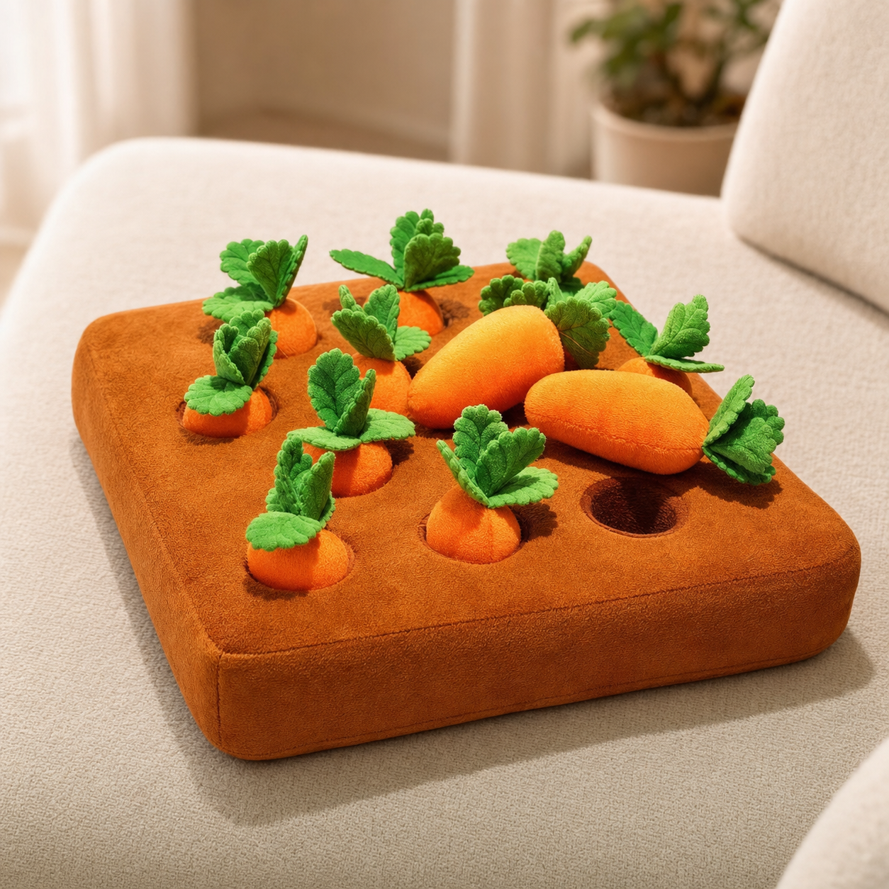 A plush carrot toy set arranged on a square orange cushion, placed on a light beige sofa in a softly lit indoor setting.