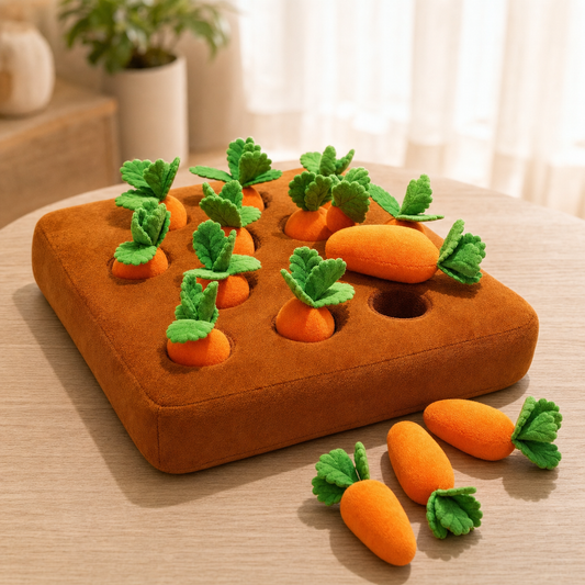 A plush carrot burrow cat puzzle set on a light wood tabletop, featuring an orange-brown square cushion with carrot-shaped targets and several loose carrots with green tops.
