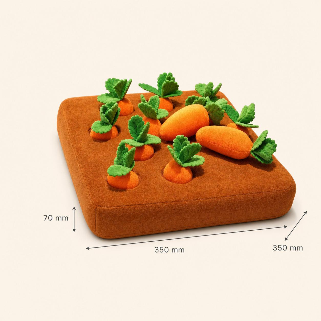 A plush carrot garden cushion in rust brown with orange carrots and green leafy tops, shown on a light beige background with dimension lines indicating 350 mm by 350 mm and 70 mm height.