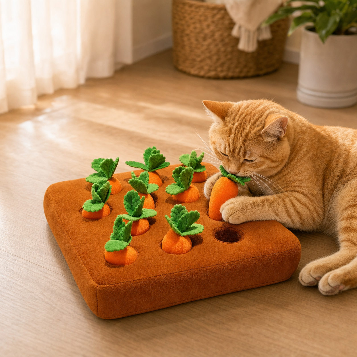 An orange cat lies on a wooden floor, playing with a plush carrot pet toy on a rectangular orange mat. The toy features multiple felt carrots with green tops and a cat clawing one of the carrots.