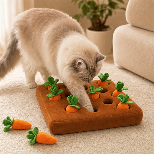 A fluffy cream-colored cat is interacting with a brown rectangular cat toy on a beige carpet. The toy features multiple carrot-shaped holes with green leaf tops, and several loose carrot toys are scattered nearby.