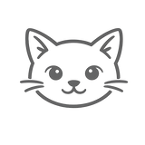 A minimalist gray line art icon of a cat's face on a solid white background.
