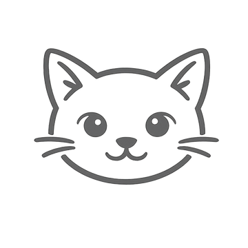 A minimalist gray line art icon of a cat's face on a solid white background.