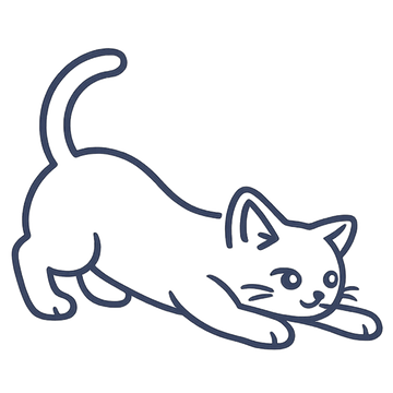 A minimalist line art illustration of a stretching cat, drawn in dark navy blue outlines on a solid white background.