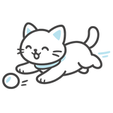 A minimalist line art illustration of a white cat chasing a small ball, with light blue accents on the ears and collar, on a solid white background.