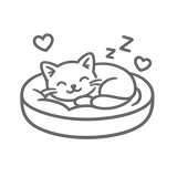A simple gray line-art illustration of a sleeping cat curled up in a round bed, with small hearts and 'zz' marks around it on a white background.