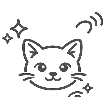 A minimalist black line art icon of a smiling cat head with sparkles and sound waves on a plain white background.