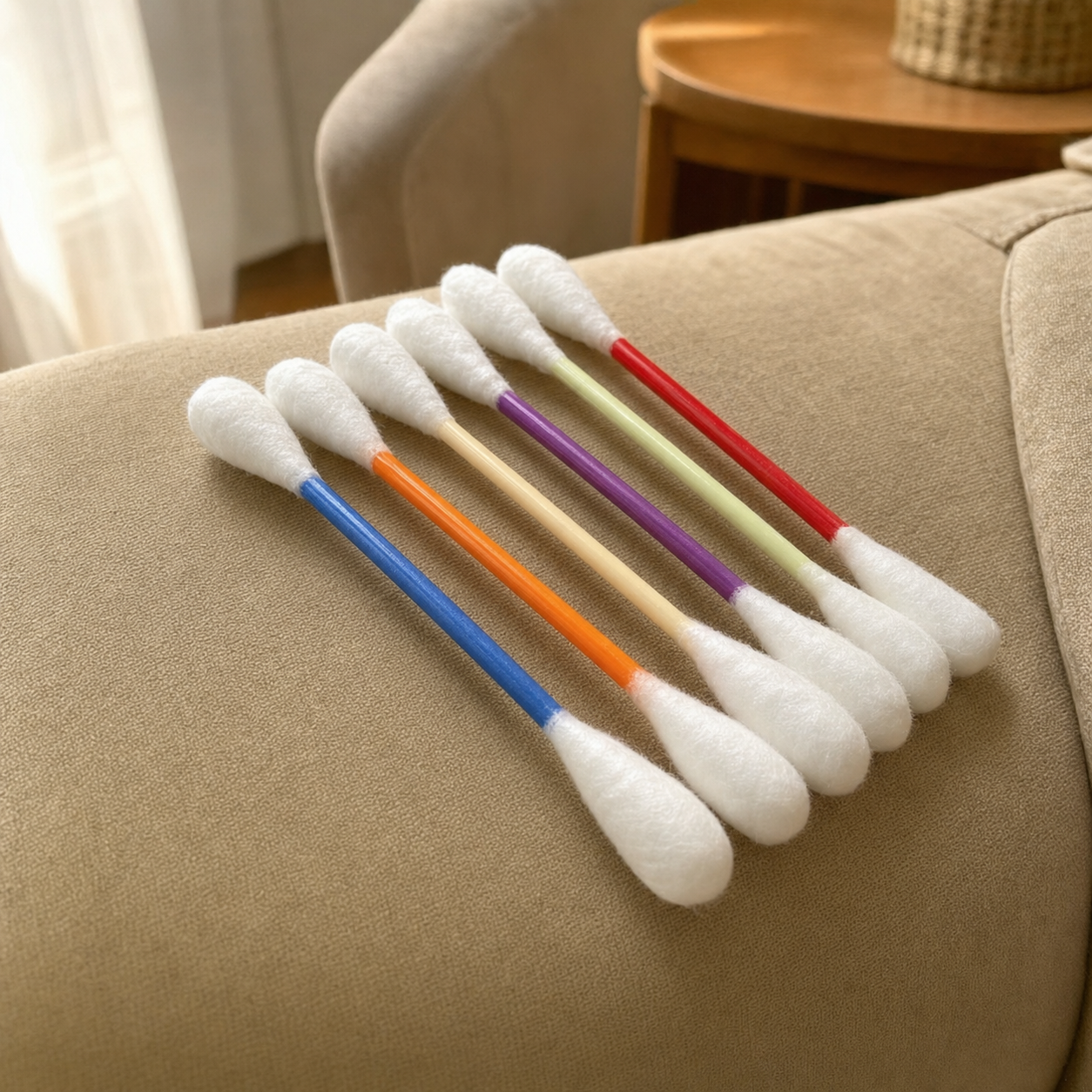 Six cotton swab sticks with colorful plastic handles in blue, orange, beige, purple, yellow, and red, arranged diagonally on a beige fabric armchair in a softly lit indoor setting.