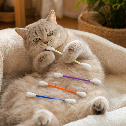 A gray tabby cat lying on its back in a cream-colored plush pet bed, holding a cotton swab in its mouth while several other cotton swabs are placed on its stomach. A potted plant is visible in the softly blurred background.