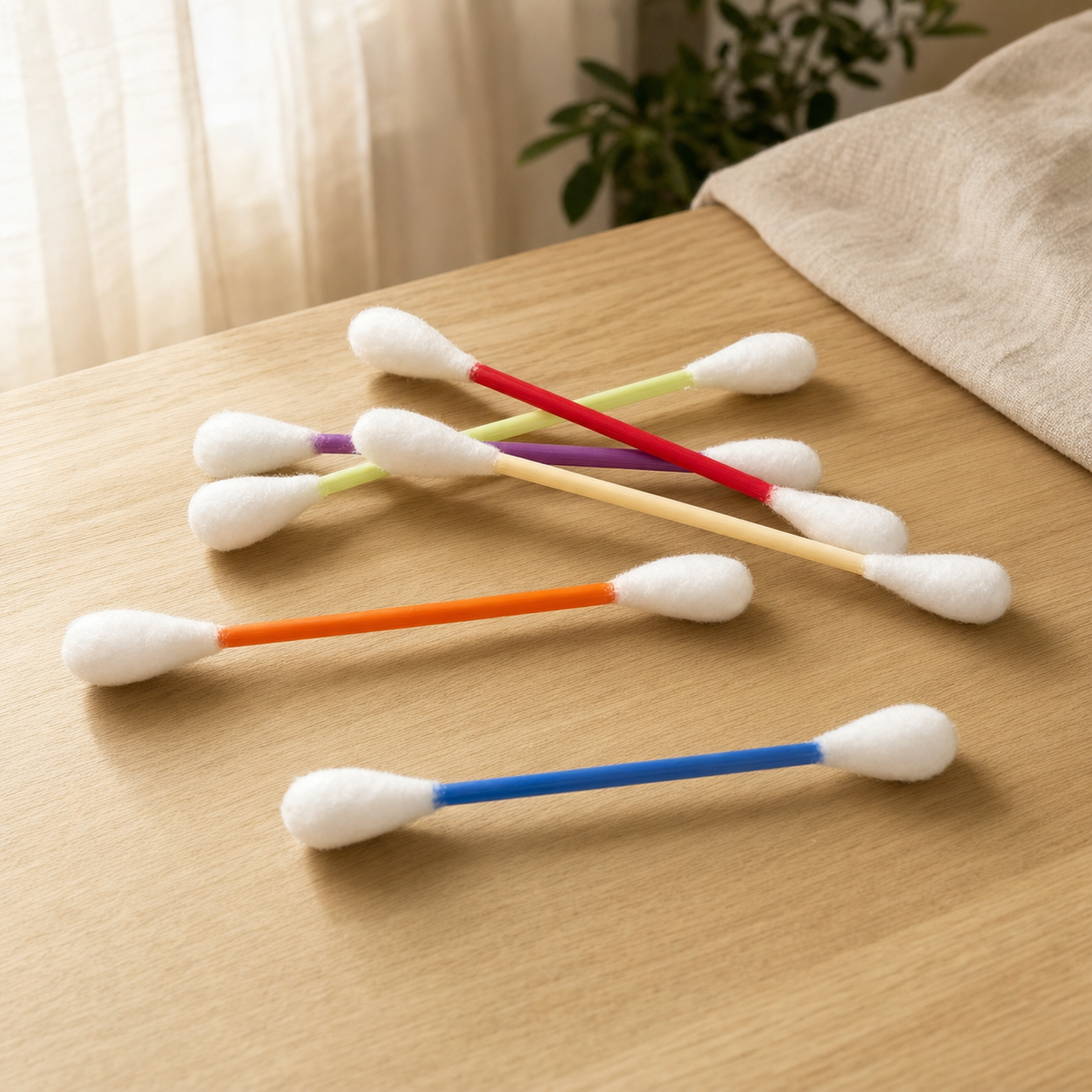 A set of cotton swab sticks with white cotton tips and colored plastic handles in red, orange, blue, green, and purple, arranged on a light wood tabletop.