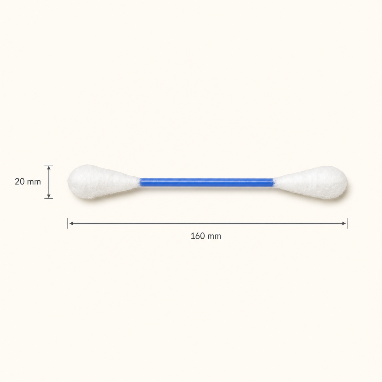 A single cotton swab with a blue handle is shown on a light beige background with dimension lines indicating a total length of 160 mm and a width of 20 mm.