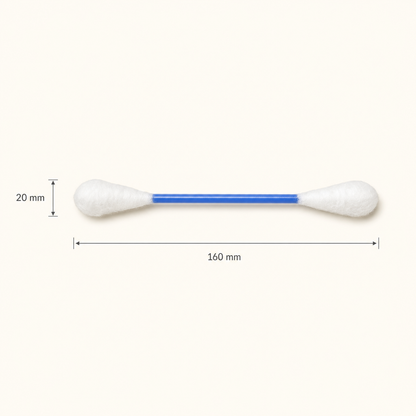 A single cotton swab with a blue handle is shown on a light beige background with dimension lines indicating a total length of 160 mm and a width of 20 mm.