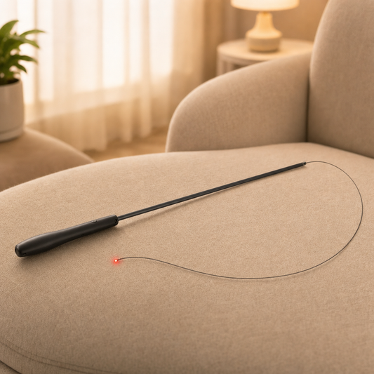 A black laser pointer wand with a long thin wire and a small red laser dot, resting on a beige upholstered armchair in a softly lit living room.