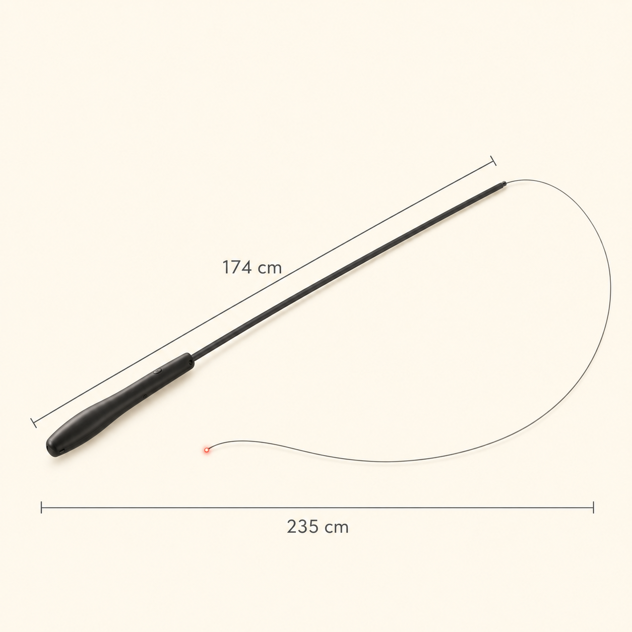 A long black whip or riding crop with a black handle, shown on a light beige background with overlaid dimension lines and text indicating 174 cm length and 235 cm total span.