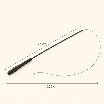 A long black whip or riding crop with a black handle, shown on a light beige background with overlaid dimension lines and text indicating 174 cm length and 235 cm total span.