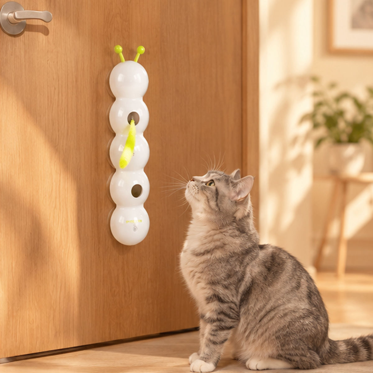 A gray tabby cat sitting beside a wooden door, looking up at a white caterpillar cat toy mounted on the door with its green tail sticking out.