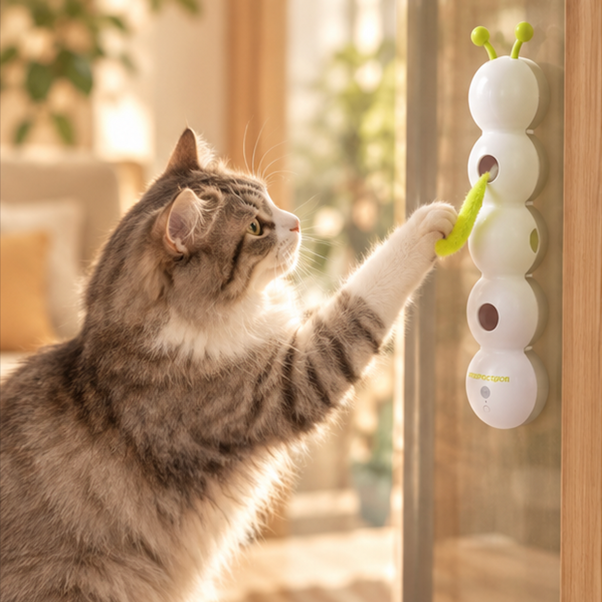 Fluffy gray tabby cat reaching its paw up to bat at a green tail emerging from a white caterpillar cat toy mounted on a glass door.