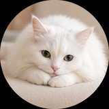 A fluffy white long-haired cat with green eyes resting inside a circular frame against a black background.