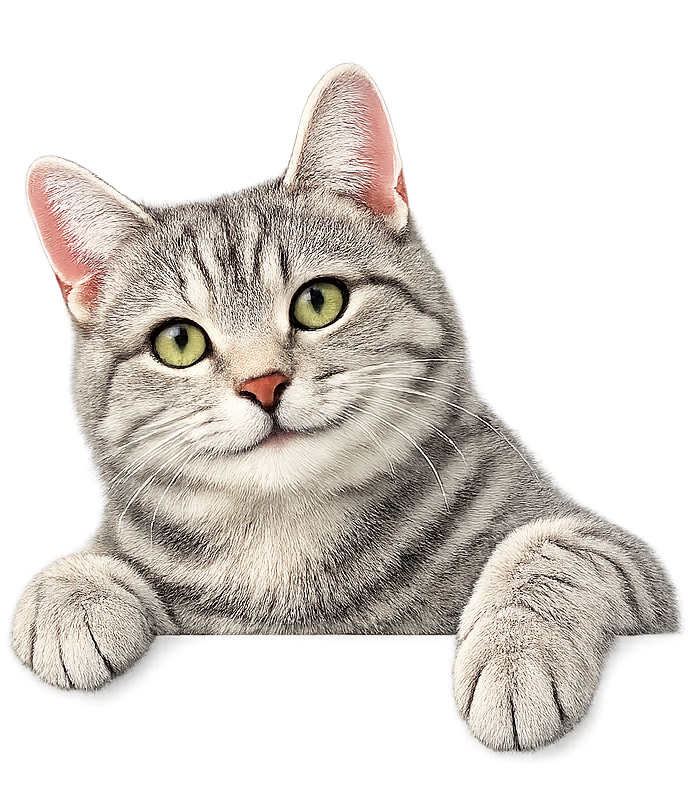 A gray and white tabby cat with green eyes and pink inner ears, looking directly forward with its front paws resting on a white surface against a plain white background.