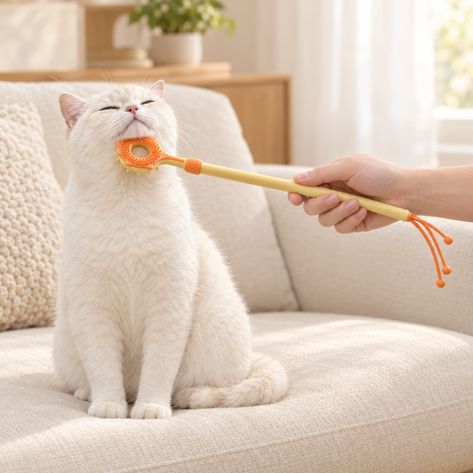A fluffy white cat sitting on a beige couch, leaning its head back comfortably while being gently scratched under the chin with an orange telescopic scratcher wand.