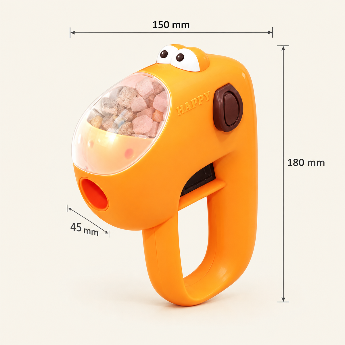 Size guide graphic for the Snack Shot cat treat launcher, showing dimensions of 180 mm height, 150 mm width, and 45 mm d
