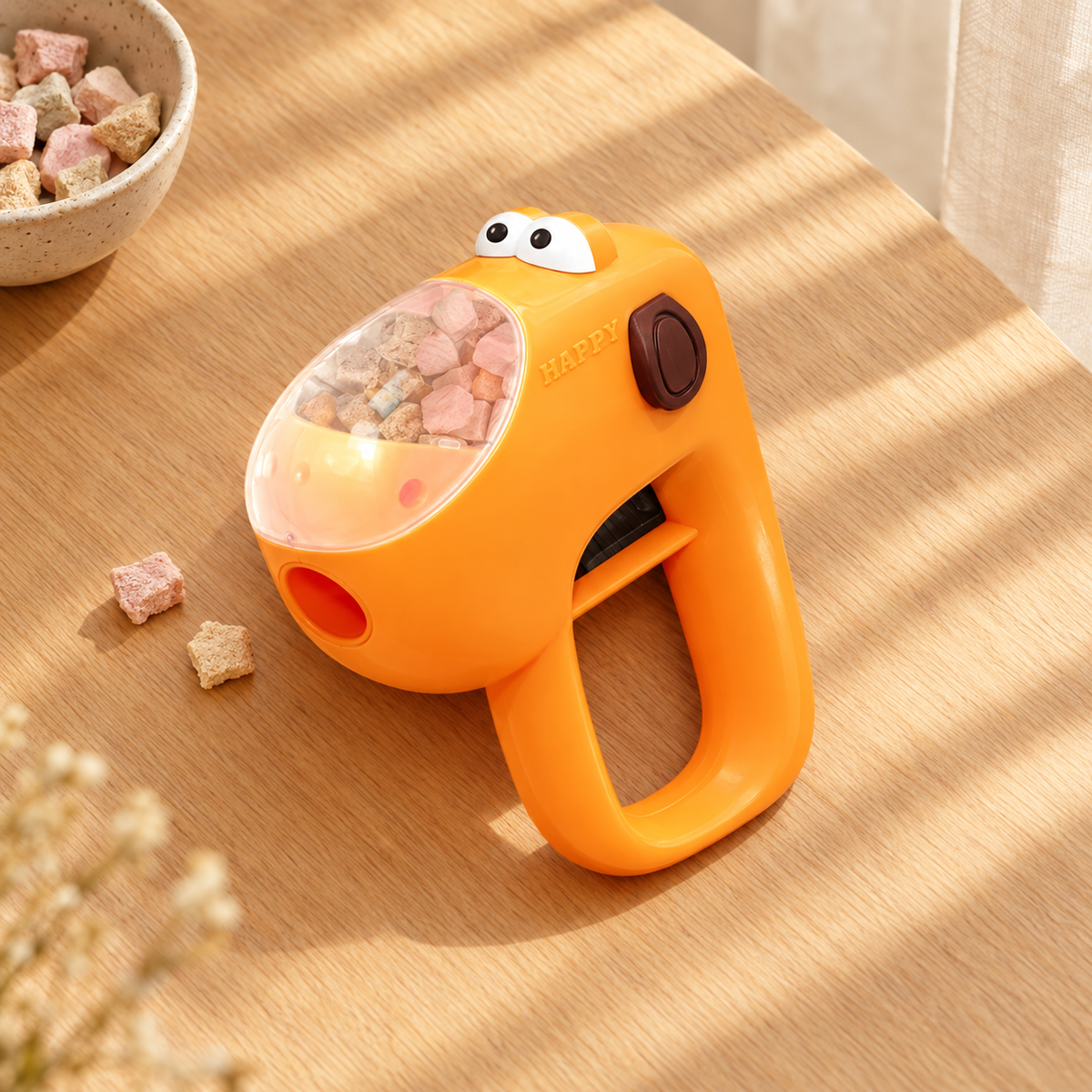 An orange handheld cat treat launcher with a clear dome filled with treats, resting on a wooden table in sunlight next to a small bowl of treats.