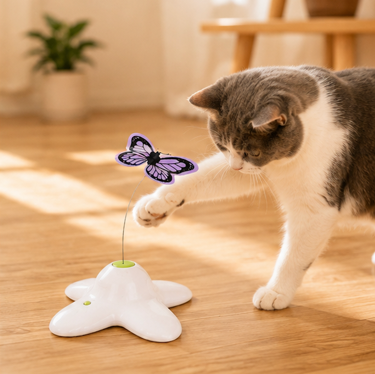 A gray and white cat reaches toward a purple butterfly-shaped toy attached to a white star-shaped base on a wooden floor in a sunlit room.