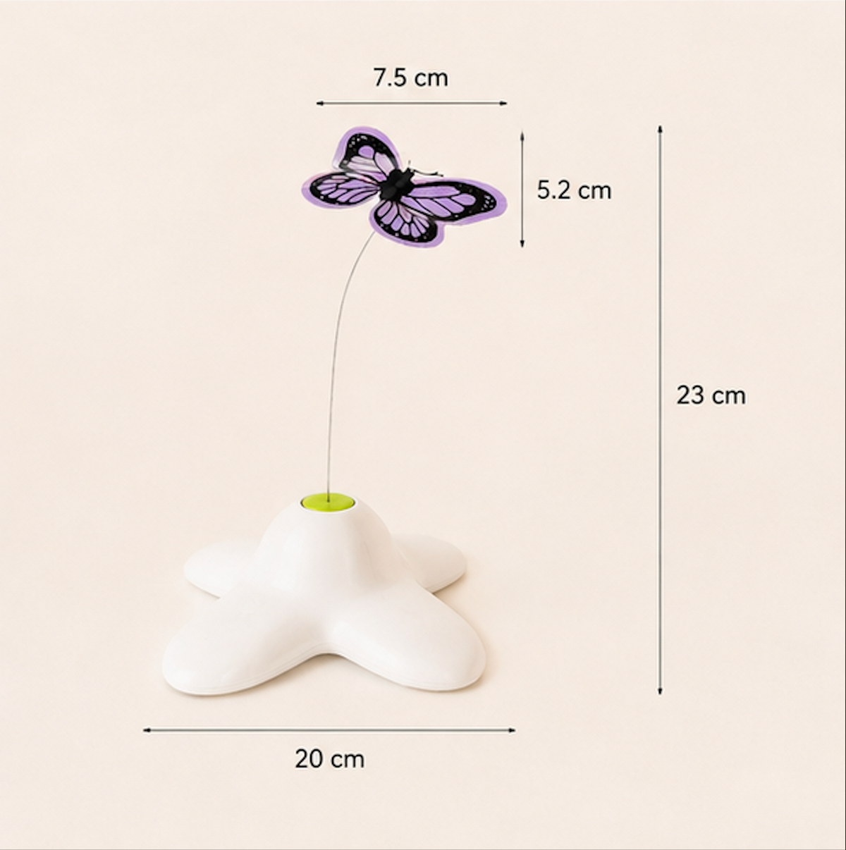 A white star-shaped Spinning Butterfly Cat Teaser base with a purple butterfly attachment on a thin wire, showing dimension labels: 20 cm base width, 23 cm total height, 7.5 cm butterfly width, and 5.2 cm butterfly height.