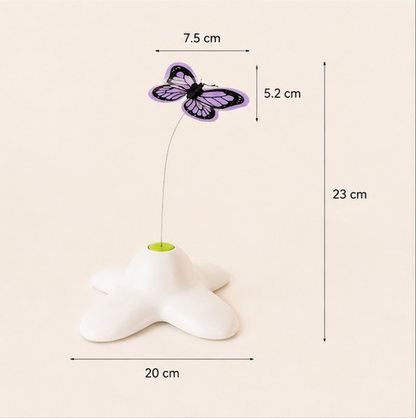 A white star-shaped Spinning Butterfly Cat Teaser base with a purple butterfly attachment on a thin wire, showing dimension labels: 20 cm base width, 23 cm total height, 7.5 cm butterfly width, and 5.2 cm butterfly height.