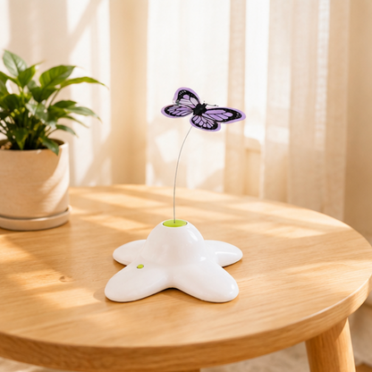 A white flower-shaped Spinning Butterfly Cat Teaser base on a round wooden table with a purple butterfly attachment resting above it.