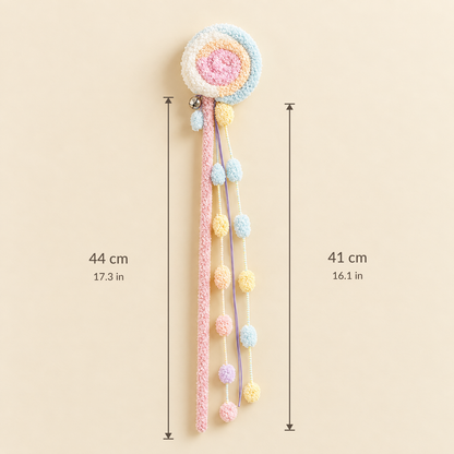 Size guide graphic for the Sweet Swirl Plush Cat Teaser Wand, displaying a wand length of 44 cm (17.3 in) and plush swirl length of 41 cm (16.1 in) against a cream background.