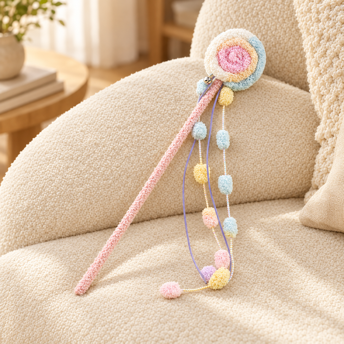 A plush pastel swirl cat teaser wand with a pink handle, swirl lollipop top, and colorful pom-pom strands, resting on a beige textured armchair.