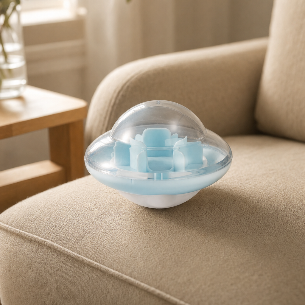 UFO Treat Tumbler sits on the arm of a beige upholstered chair in a softly lit indoor setting.