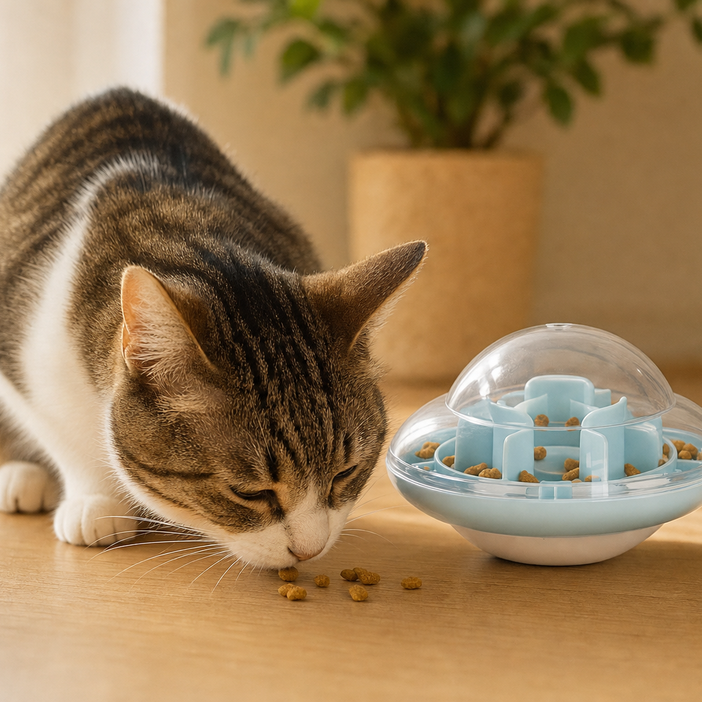 A brown and white tabby cat is eating from a light blue UFO Treat Tumbler, placed on a wooden floor next to scattered kibble, with a potted plant in the background.