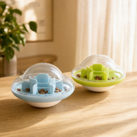 UFO Treat Tumbler, one light blue and one lime green, filled with kibble on a wooden table in a softly lit room.