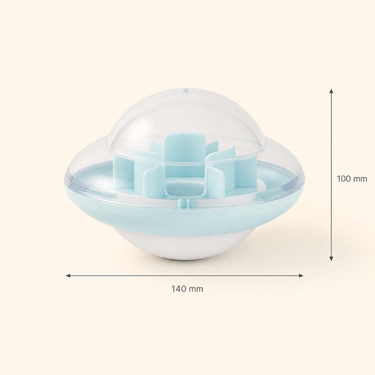 A light blue UFO Treat Tumbler, shown with dimension arrows and labels indicating a width of 140 mm and a height of 100 mm on a warm off-white background.